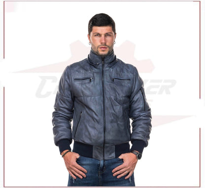 Boston - Men's Down Jacket in Genuine Blue Leather CROSSOVER RACEWEARS