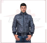 Boston - Men's Down Jacket in Genuine Blue Leather CROSSOVER RACEWEARS