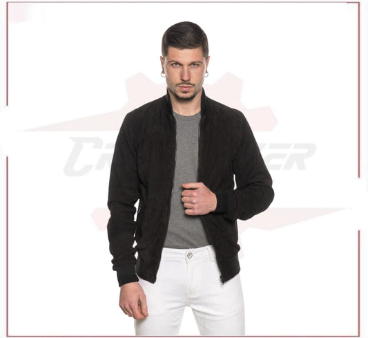 David - Men's Bomber Jacket in Genuine Dark Brown Suede Leather CROSSOVER RACEWEARS