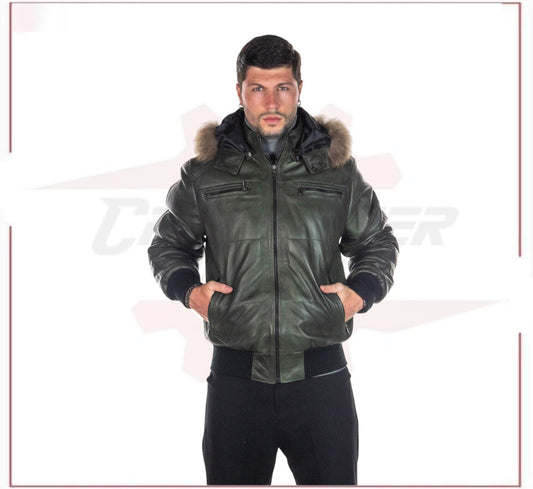 Boston - Men's Down Jacket in Genuine Green Leather CROSSOVER RACEWEARS