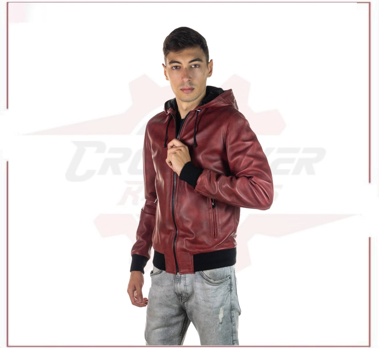 Bomber Napoli Cap - Men's Bomber Jacket in Genuine Bordeaux Leather CROSSOVER RACEWEARS