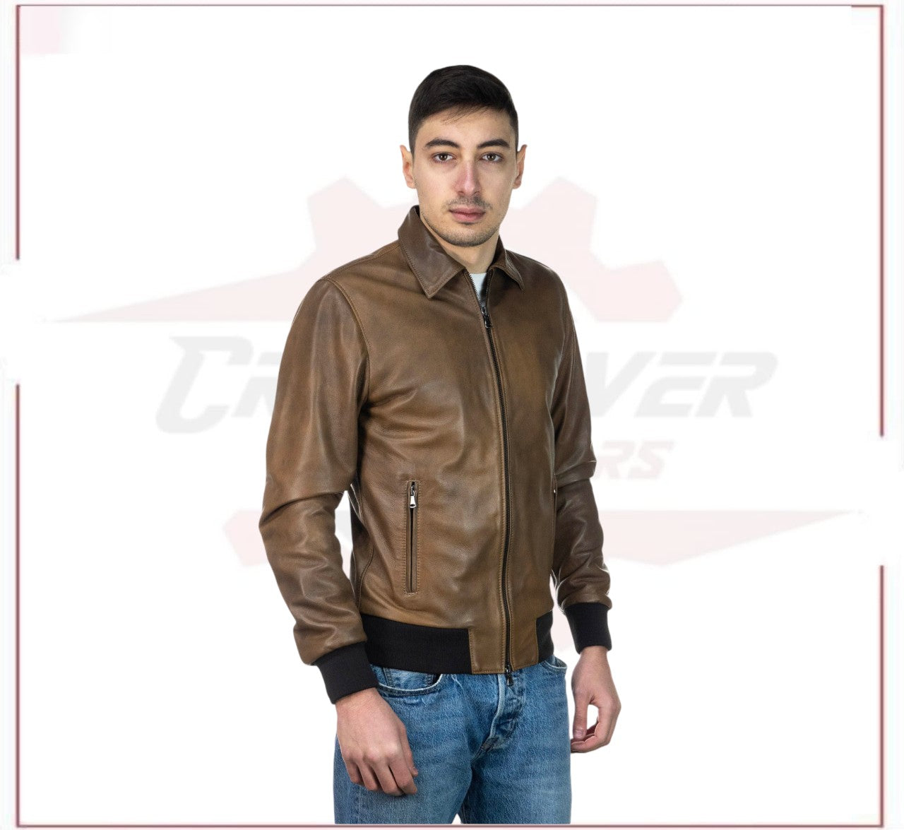 Men's Bomber Jacket in Genuine Brown Leather CROSSOVER RACEWEARS