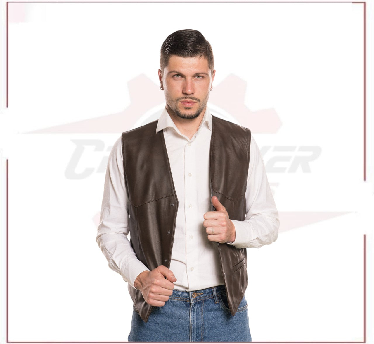 Men's Vest in Genuine Dark Brown Leather CROSSOVER RACEWEARS