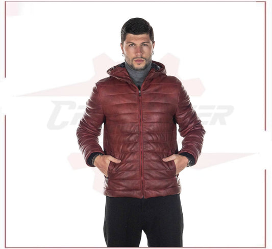 Rio - Men's Down Jacket in Genuine Bordeaux Leather CROSSOVER RACEWEARS