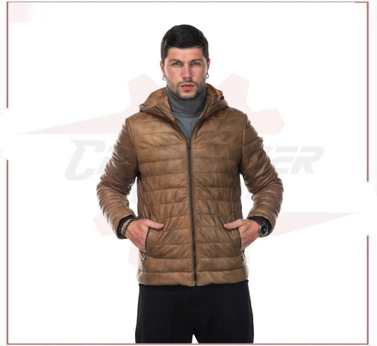 Rio - Men's Down Jacket in Genuine Brown Leather CROSSOVER RACEWEARS