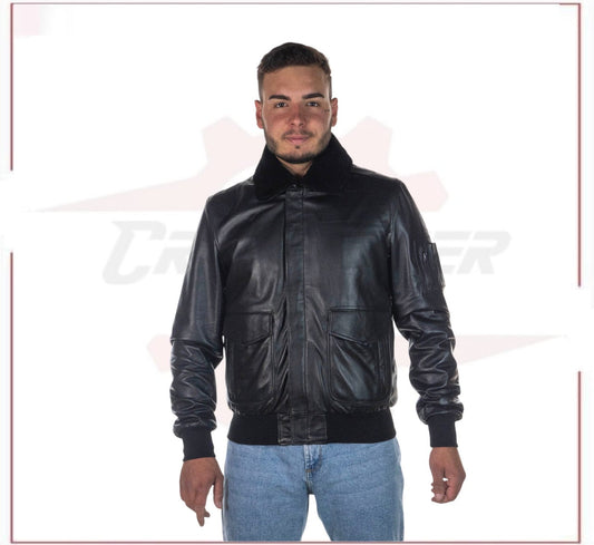 Men's Bomber Jacket in Genuine Black Leather with Real Black Shearling Collar CROSSOVER RACEWEARS