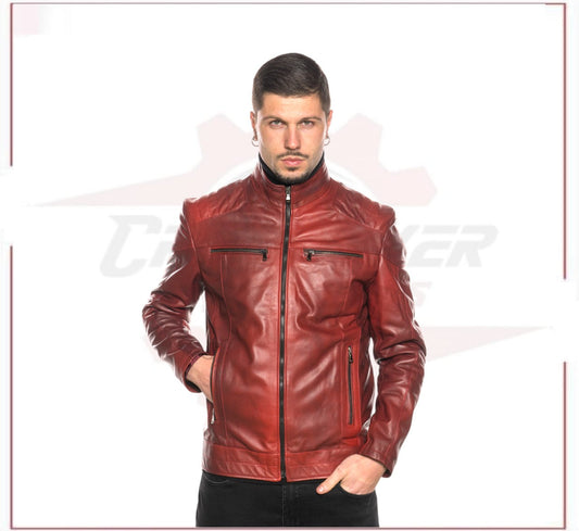 Attila - Men's Biker Jacket in Genuine Bordeaux Leather CROSSOVER RACEWEARS