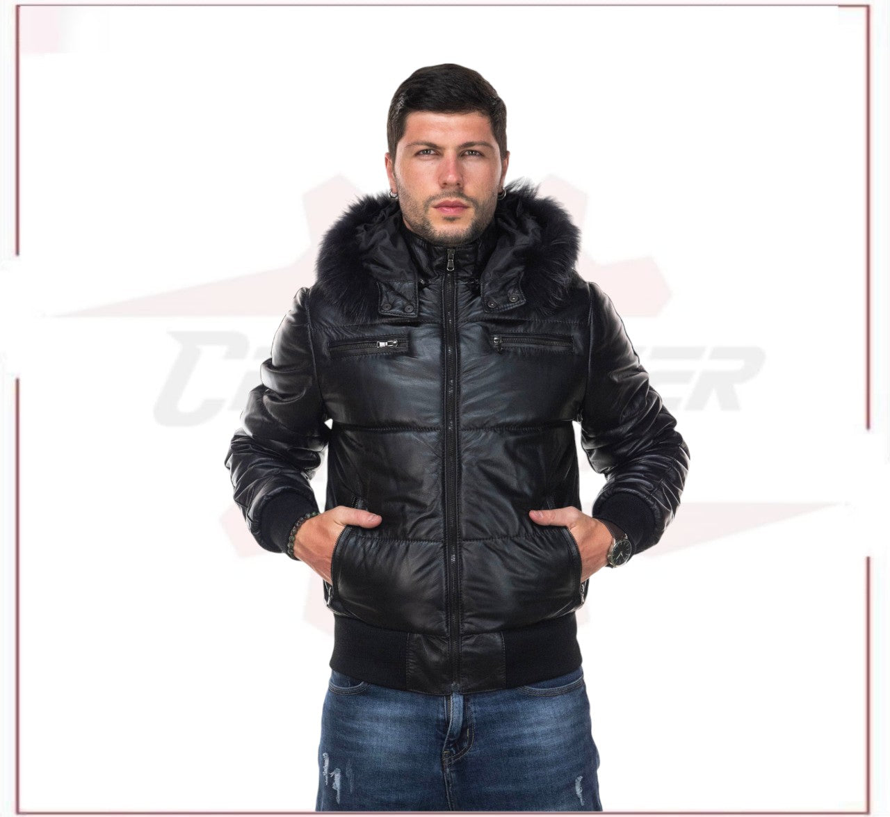 Boston - Men's Down Jacket in Genuine Black Leather CROSSOVER RACEWEARS