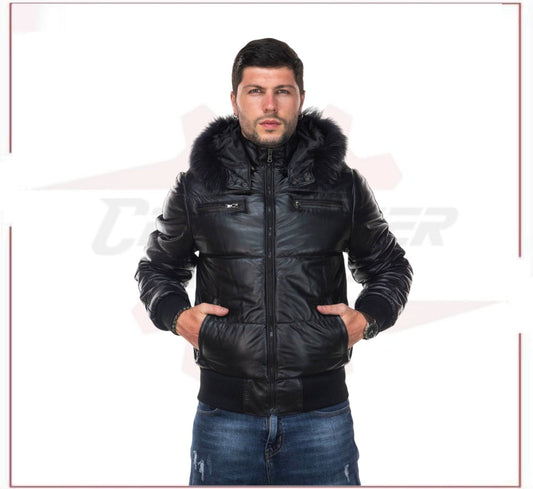 Boston - Men's Down Jacket in Genuine Black Leather CROSSOVER RACEWEARS