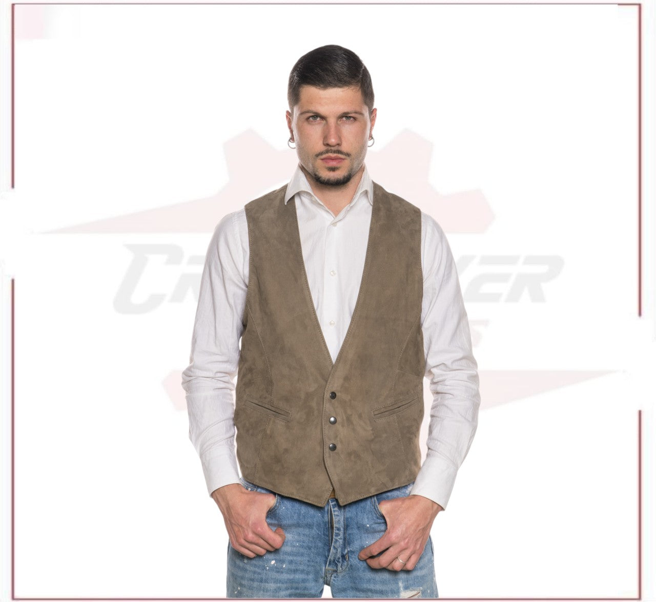 Men's Vest in Genuine Taupe Suede Leather CROSSOVER RACEWEARS