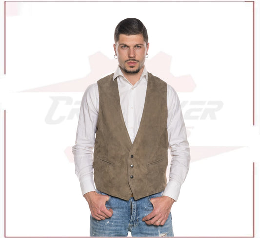 Men's Vest in Genuine Taupe Suede Leather CROSSOVER RACEWEARS