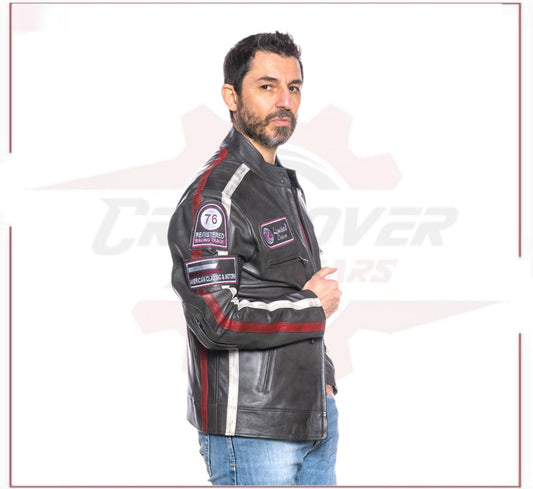 Biker Man's Jacket in genuine Dark Gray Leather CROSSOVER RACEWEARS