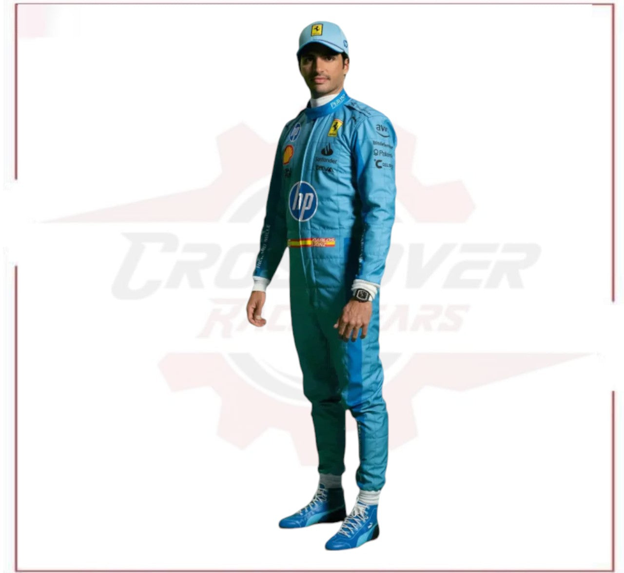 New 2024 Carlos Sainz jr HP Miami  Scuderia Ferrari F1 Team Racing Suit - CROSSOVER RACEWEARS 