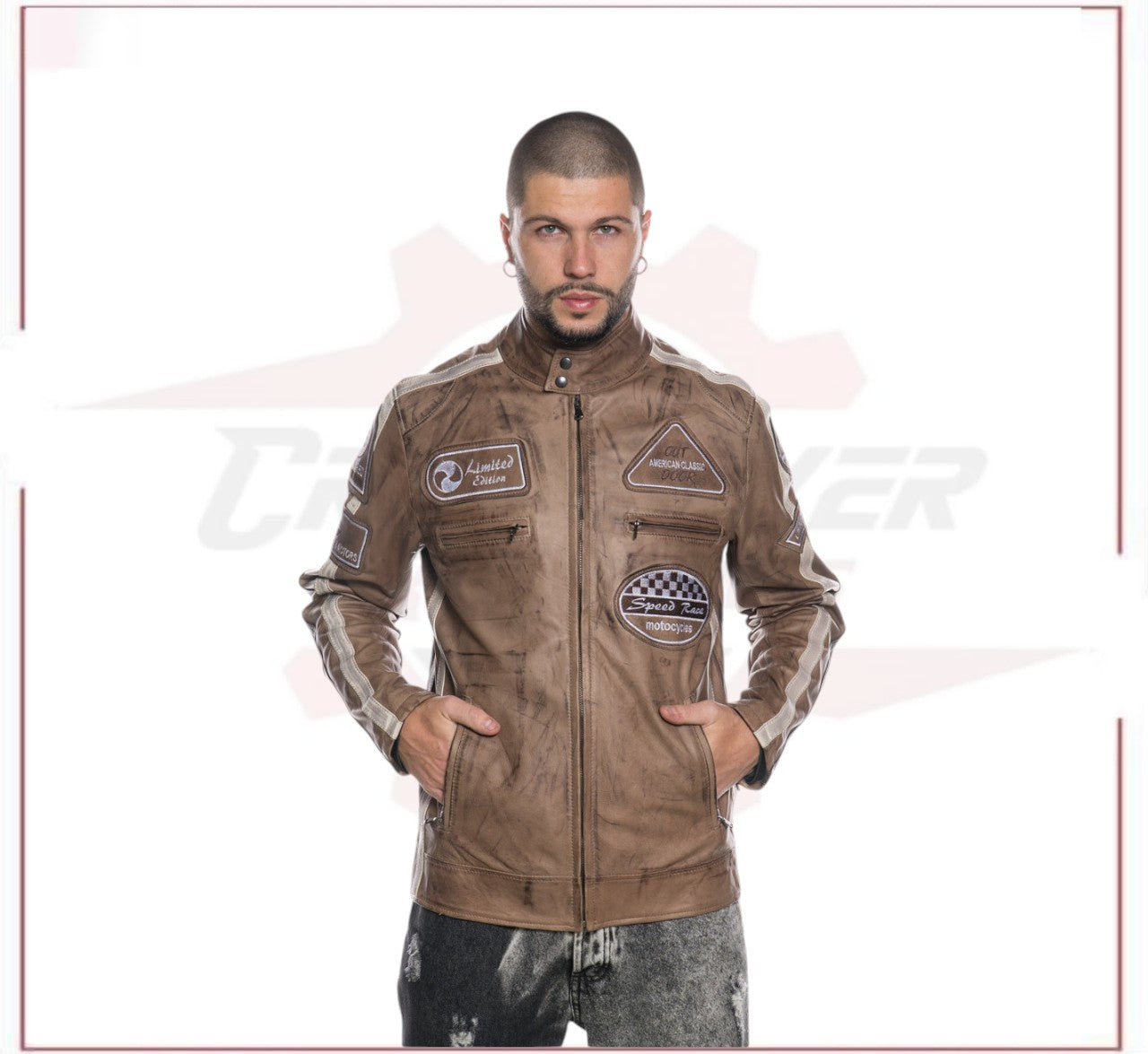 Biker Man's Jacket in genuine Brown Leather of Lamb CROSSOVER RACEWEARS