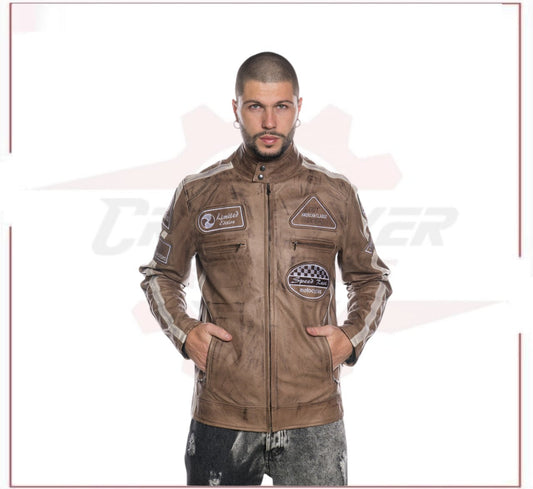 Biker Man's Jacket in genuine Brown Leather of Lamb CROSSOVER RACEWEARS