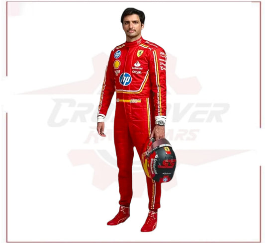 2024 Carlos Sainz jr Monaco GP Scuderia Ferrari HP F1 Team Racing Suit - CROSSOVER RACEWEARS 