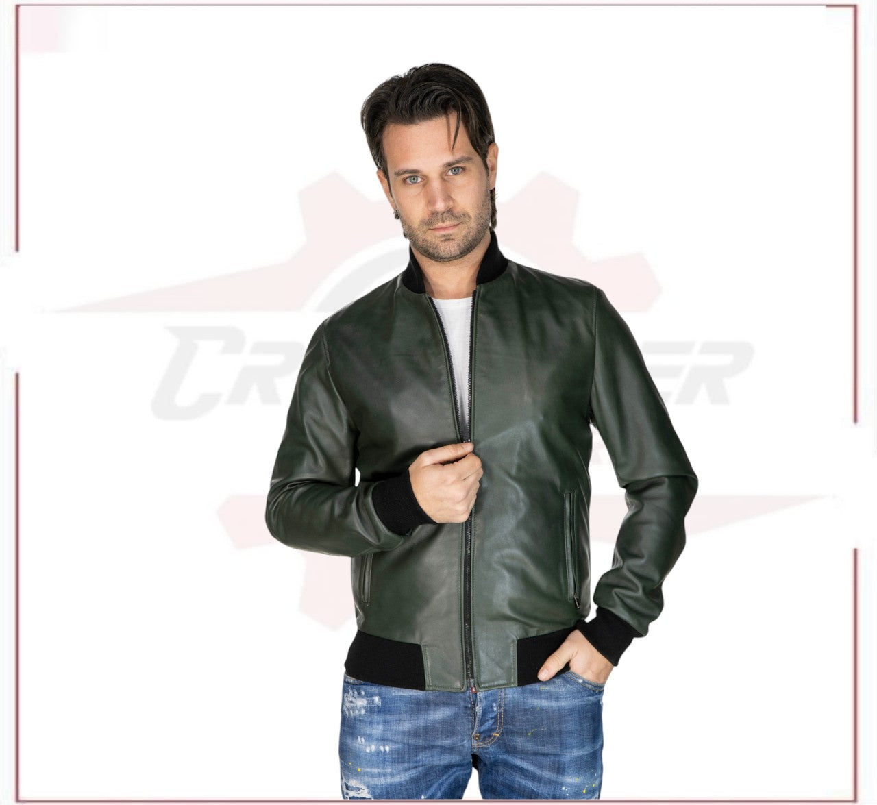 David - Men's Bomber Jacket in Green Genuine Leather CROSSOVER RACEWEARS