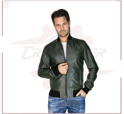 David - Men's Bomber Jacket in Green Genuine Leather CROSSOVER RACEWEARS