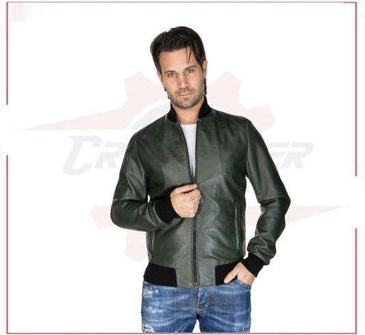 David - Men's Bomber Jacket in Green Genuine Leather CROSSOVER RACEWEARS