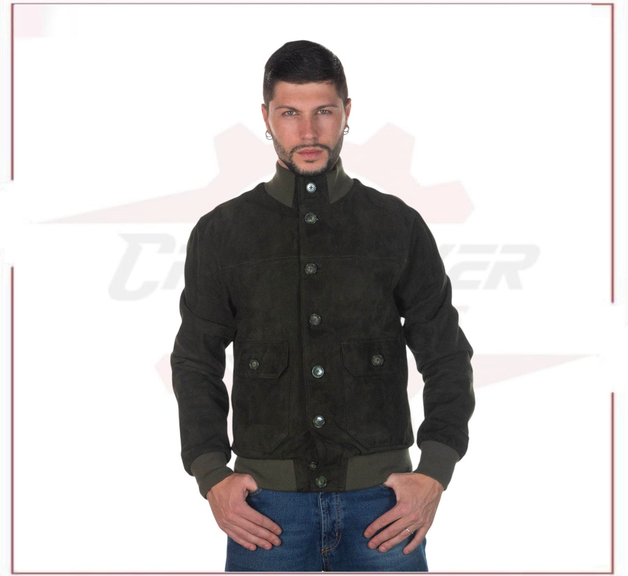 U03 Bis - Men's Bomber Jacket in Genuine Green Suede Leather CROSSOVER RACEWEARS
