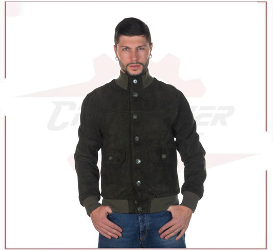 U03 Bis - Men's Bomber Jacket in Genuine Green Suede Leather CROSSOVER RACEWEARS