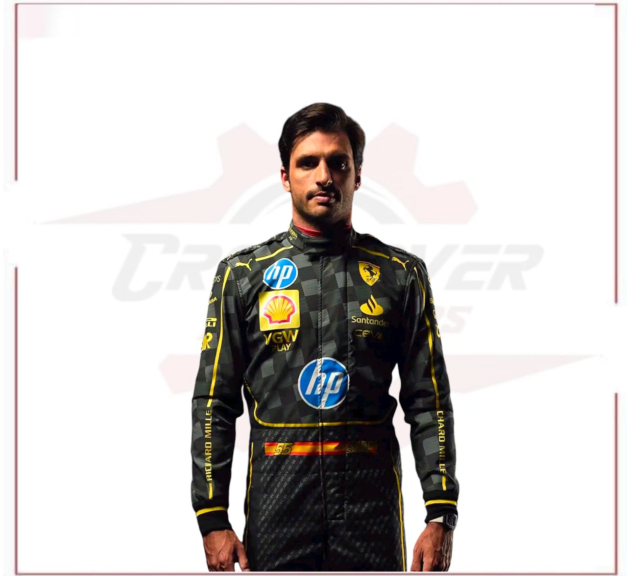 New 2024 Carlos Sainz HP Italy GP Scuderia Ferrari F1 Team Racing Suit - CROSSOVER RACEWEARS 