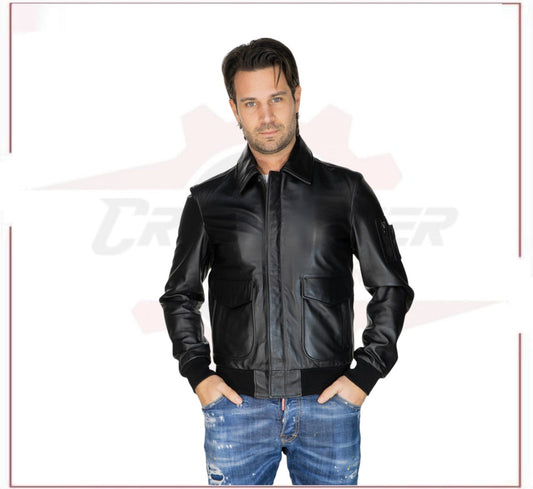 Men's Bomber Jacket in Genuine Black Leather CROSSOVER RACEWEARS