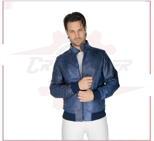 Victor - Men's Bomber in Genuine Blue Leather CROSSOVER RACEWEARS
