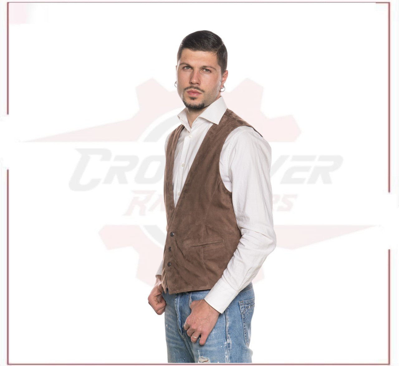 Men's Vest in Genuine Cocoa Suede Leather CROSSOVER RACEWEARS