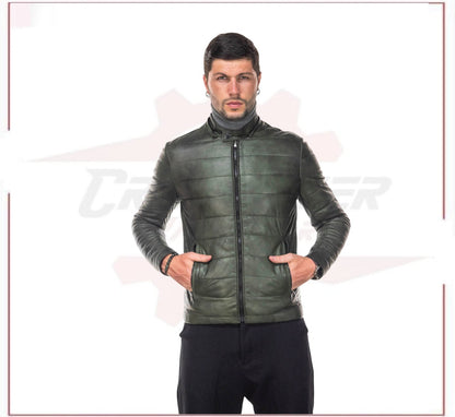 Berlino - Men's Down Jacket in Genuine Green Leather CROSSOVER RACEWEARS