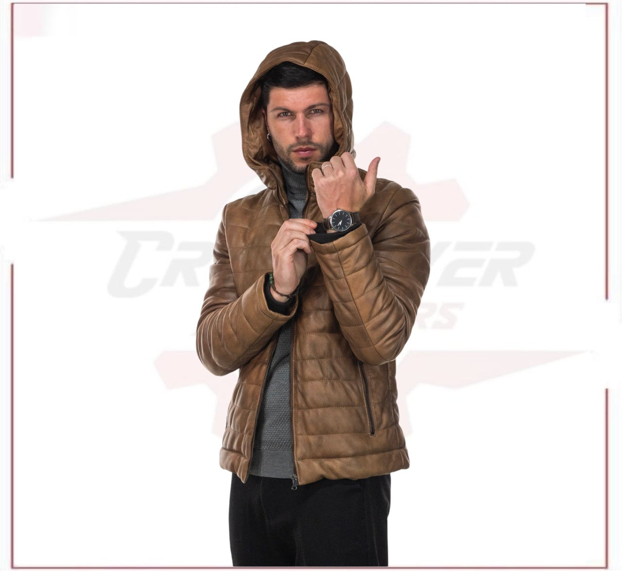Rio - Men's Down Jacket in Genuine Brown Leather CROSSOVER RACEWEARS