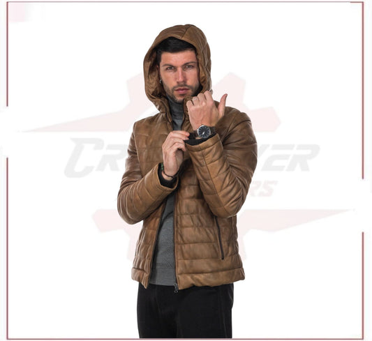 Rio - Men's Down Jacket in Genuine Brown Leather CROSSOVER RACEWEARS