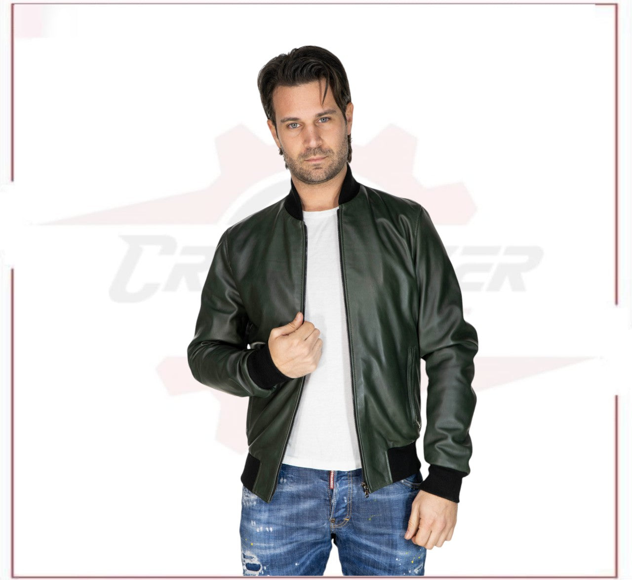 David - Men's Bomber Jacket in Green Genuine Leather CROSSOVER RACEWEARS