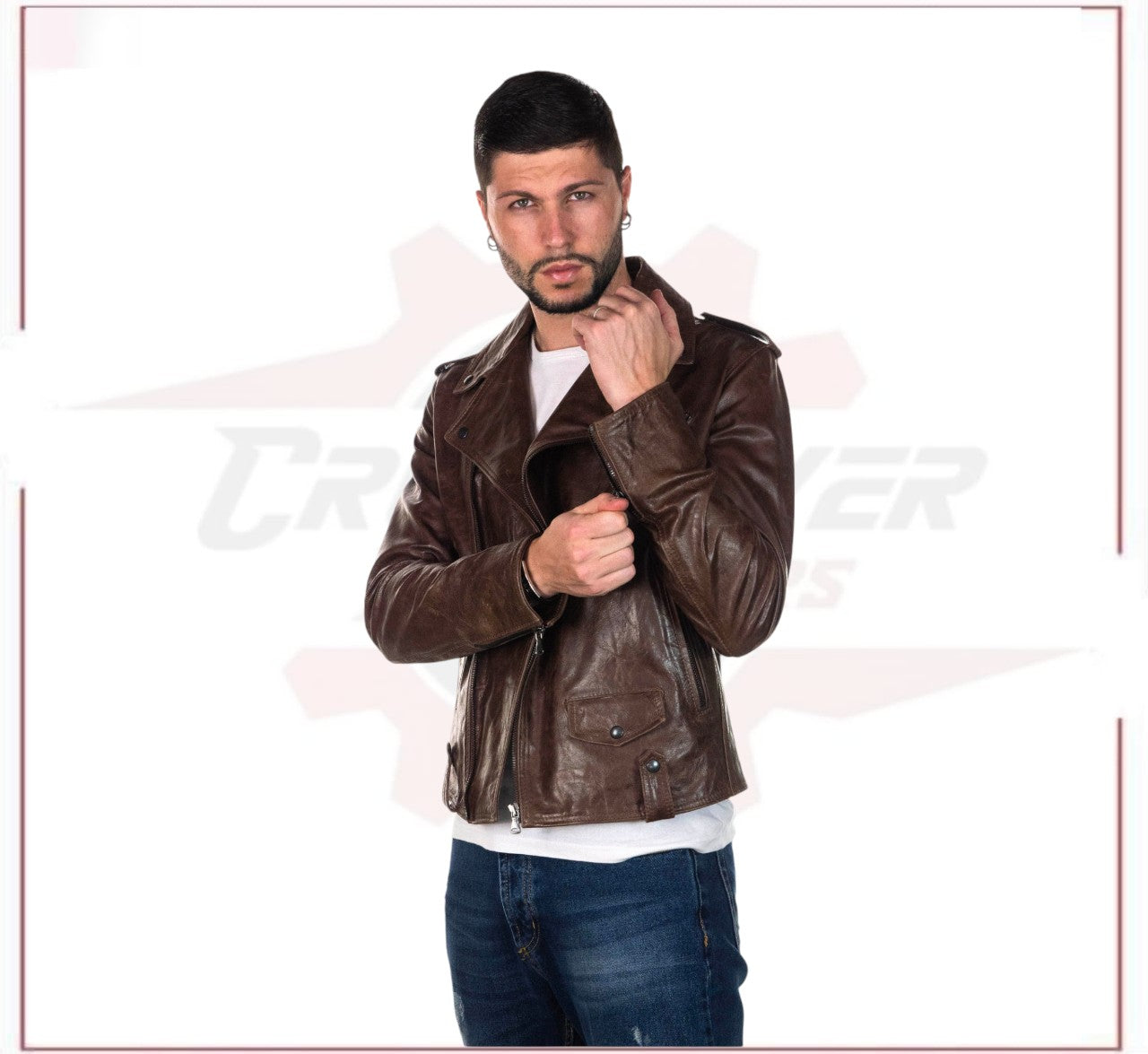 Men's Jacket in Genuine Dark Brown Oil Vintage Leather CROSSOVER RACEWEARS