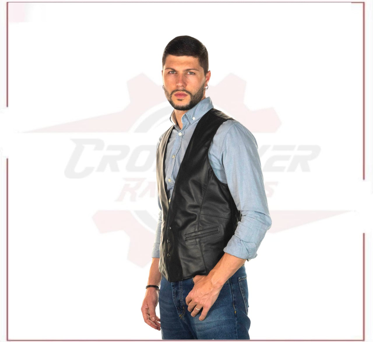New Men's Vest in Genuine Black Leather CROSSOVER RACEWEARS