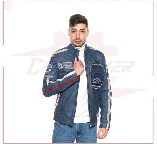 New Biker Man's Jacket in genuine Blue Leather CROSSOVER RACEWEARS