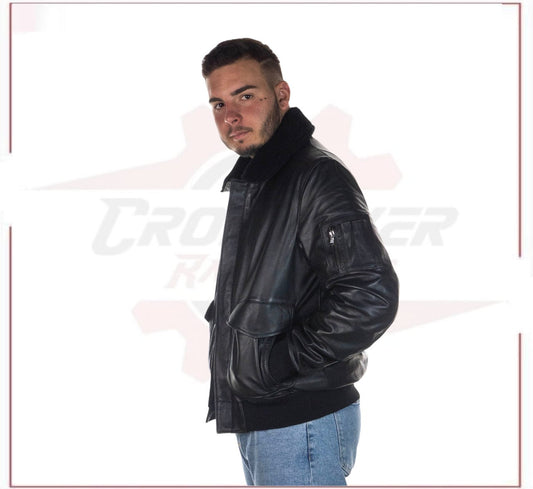 Men's Bomber Jacket in Genuine Black Leather with Real Black Shearling Collar CROSSOVER RACEWEARS