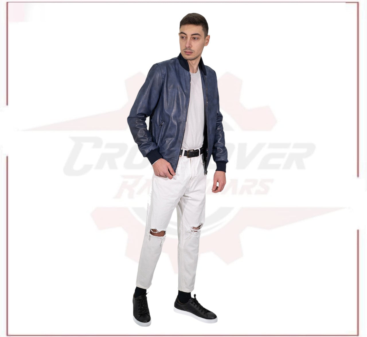 David - Men's Bomber Jacket Blue Genuine Leather Man CROSSOVER RACEWEARS