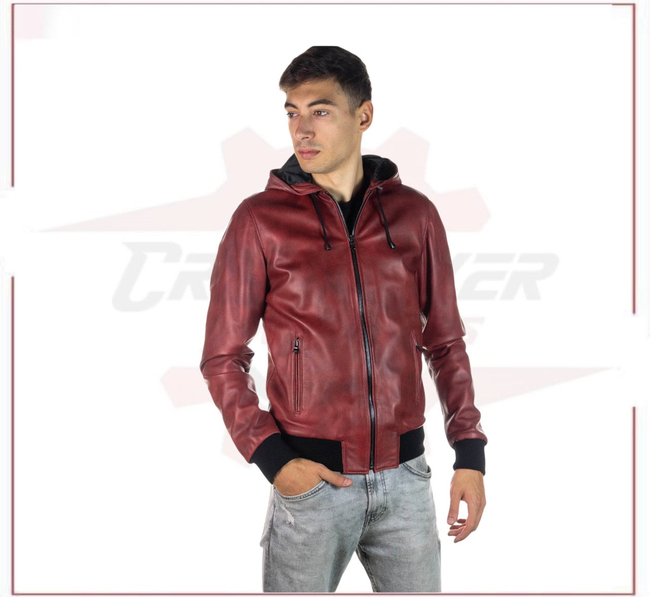 Bomber Napoli Cap - Men's Bomber Jacket in Genuine Bordeaux Leather CROSSOVER RACEWEARS