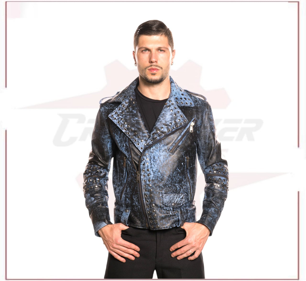 Vasco - Men's Studded Jacket in Genuine Blue Leather CROSSOVER RACEWEARS