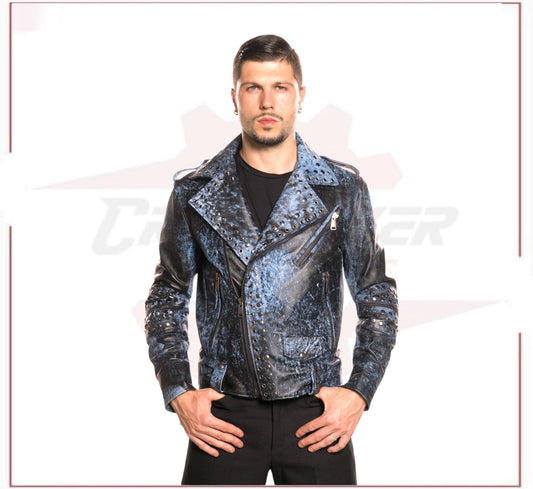 Vasco - Men's Studded Jacket in Genuine Blue Leather CROSSOVER RACEWEARS