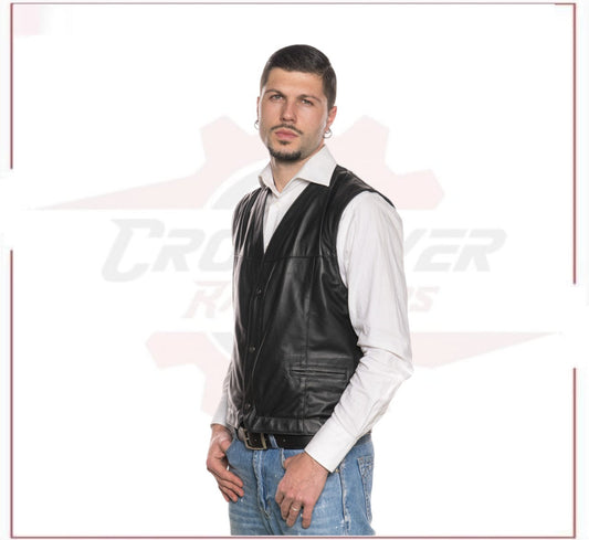 Gianni - Men's Vest in Genuine Black Leather CROSSOVER RACEWEARS