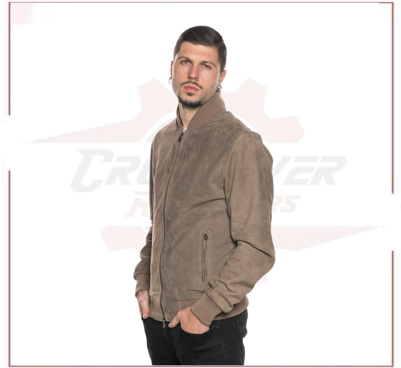 David - Men's Bomber Jacket in Genuine Taupe Suede Leather CROSSOVER RACEWEARS