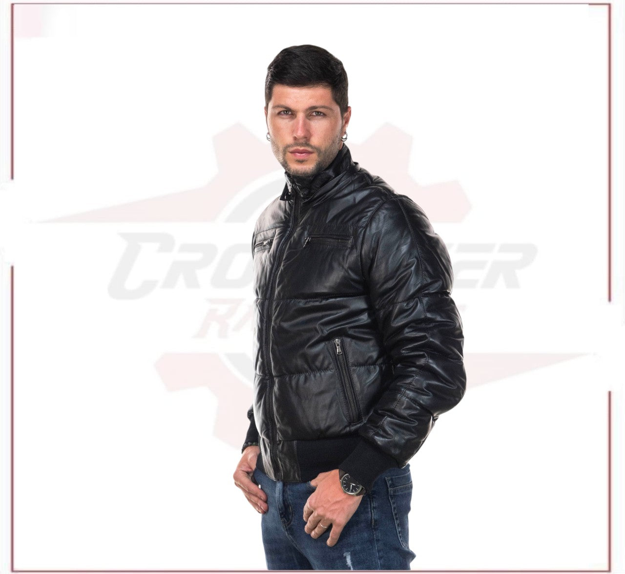 Boston - Men's Down Jacket in Genuine Black Leather CROSSOVER RACEWEARS