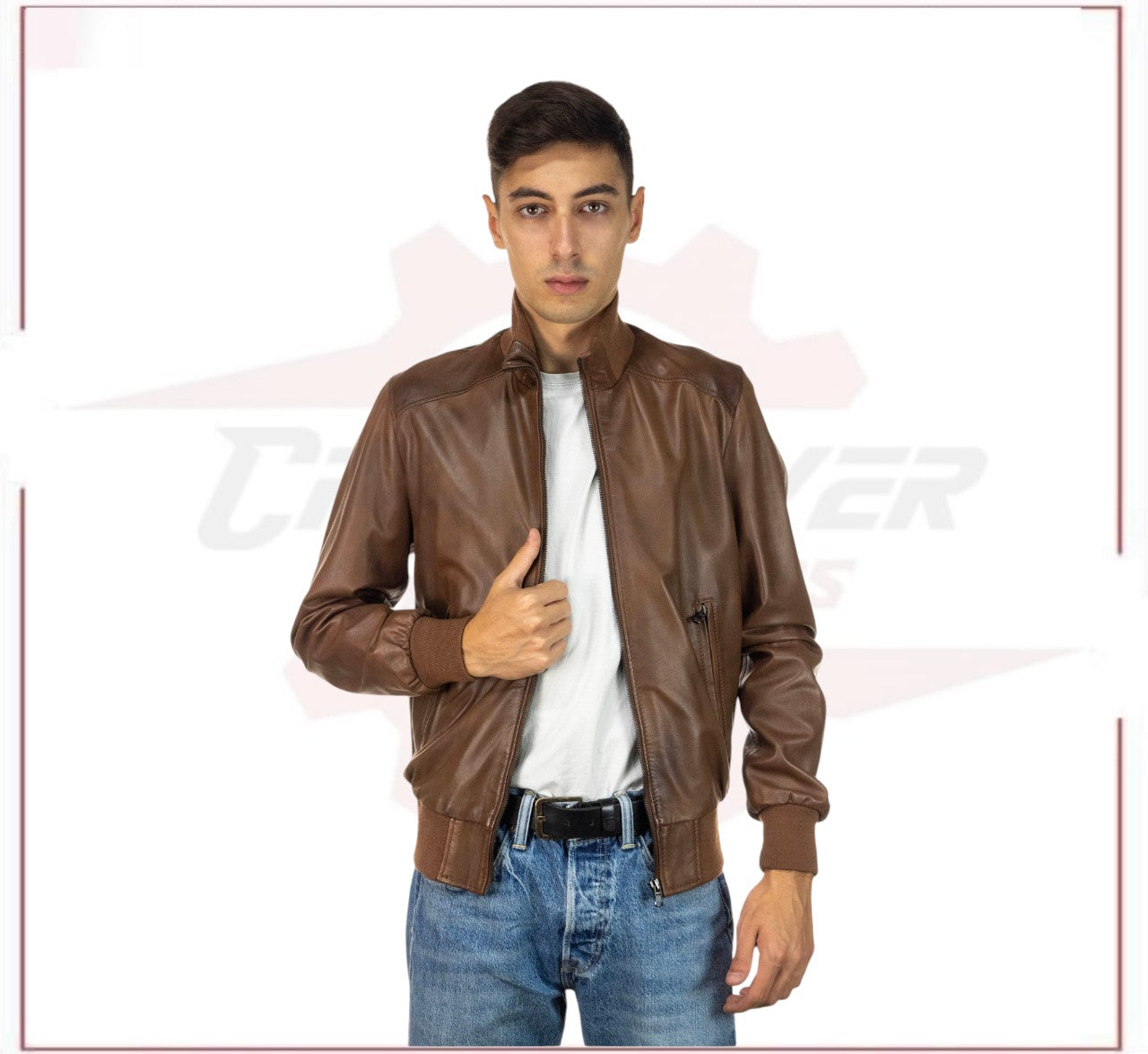 Men's Bomber - Men's Bomber Jacket in Genuine Brown Leather CROSSOVER RACEWEARS