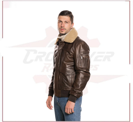 Pilota - Men's Bomber Jacket in Genuine Dark Brown Leather with Real Brown Shearling Collar CROSSOVER RACEWEARS