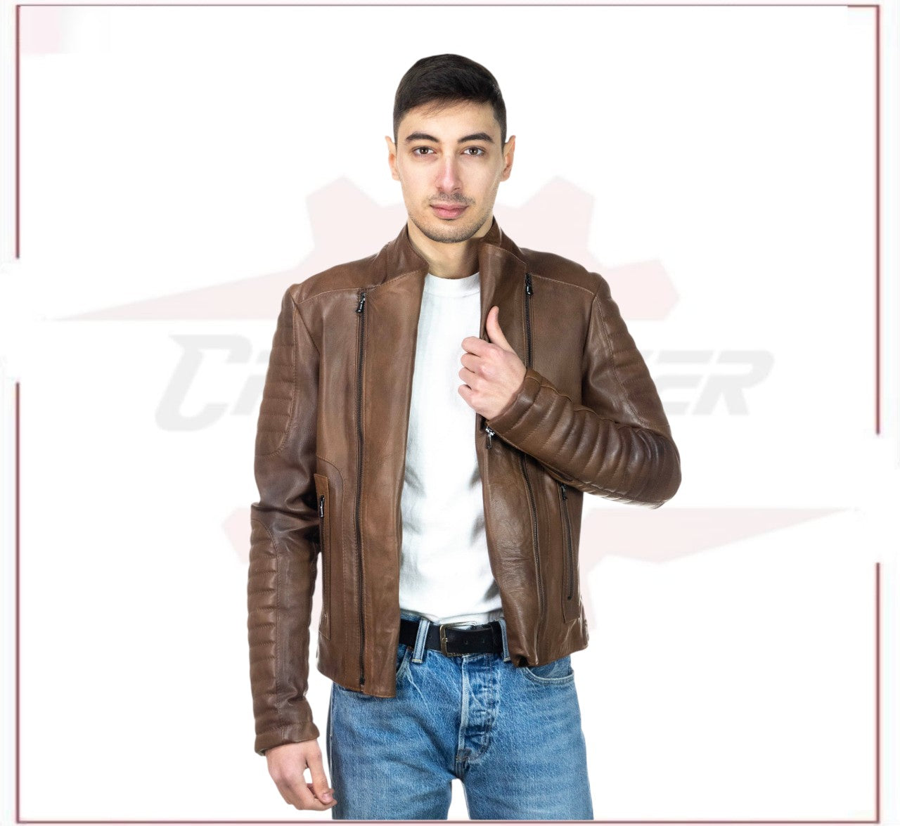 Men's Perfecto Jacket in Genuine Brown Leather CROSSOVER RACEWEARS