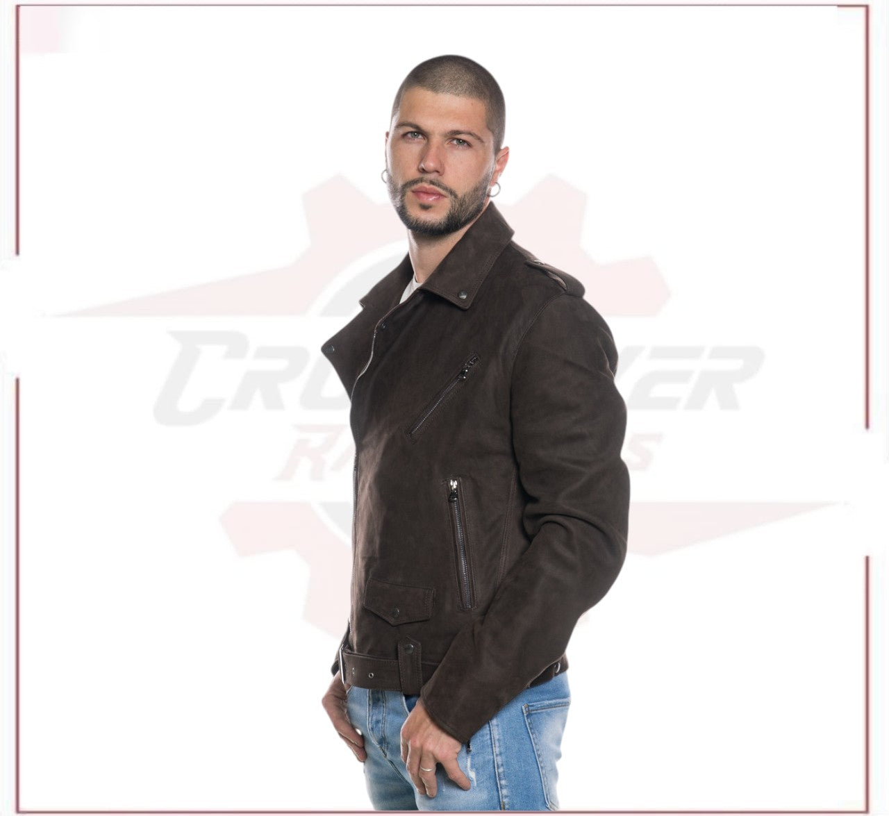 Men's jacket in Genuine Dark Brown Nubuck Leather CROSSOVER RACEWEARS