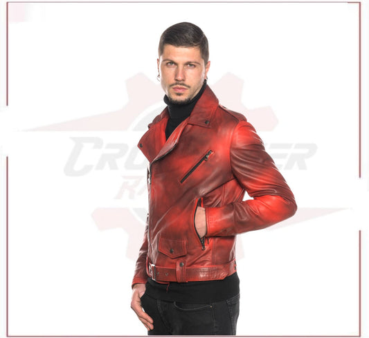 Men's jacket Red Buffered Effect in Genuine Leather CROSSOVER RACEWEARS