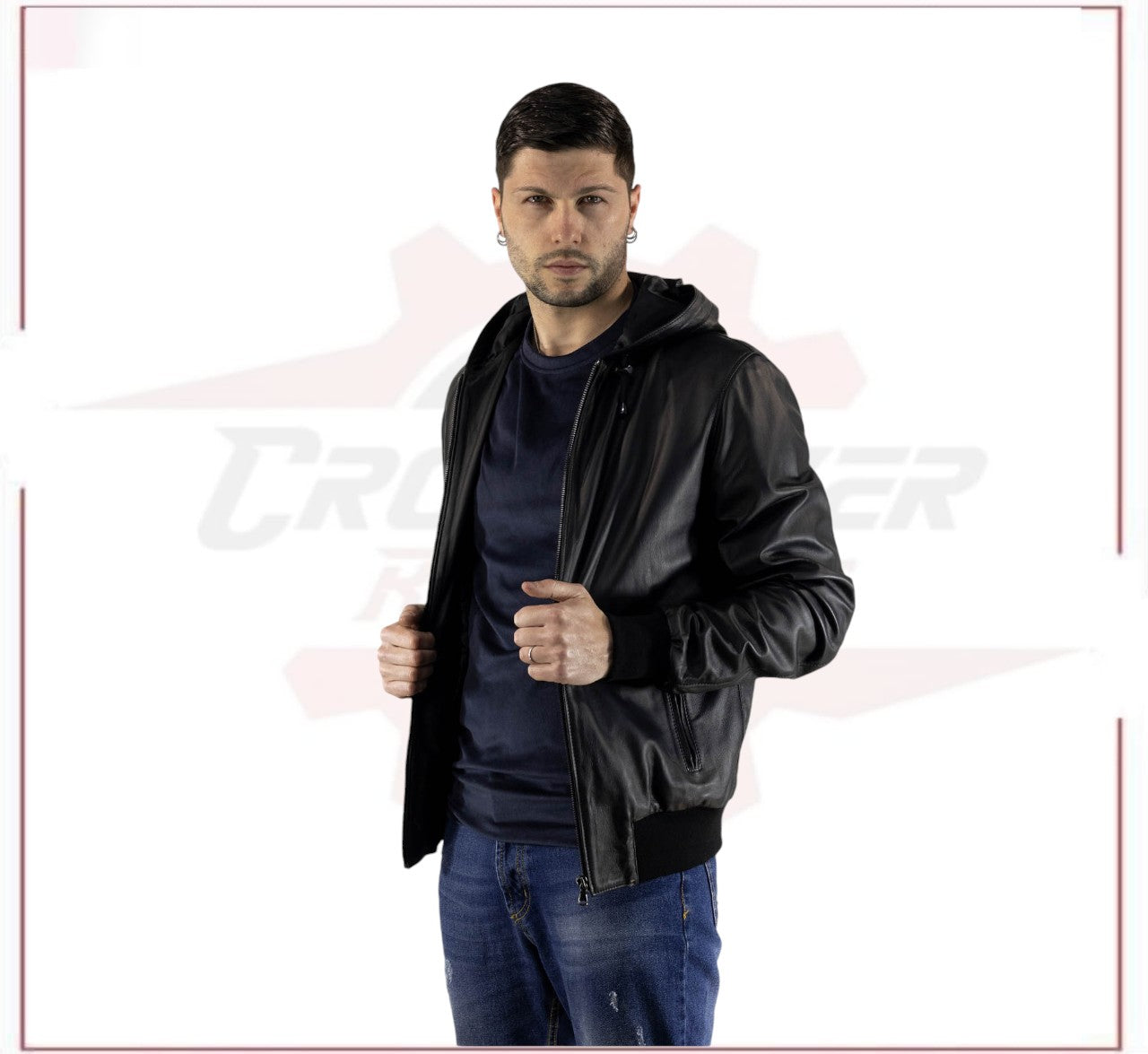 Men's Bomber Jacket in Genuine Black Leather CROSSOVER RACEWEARS